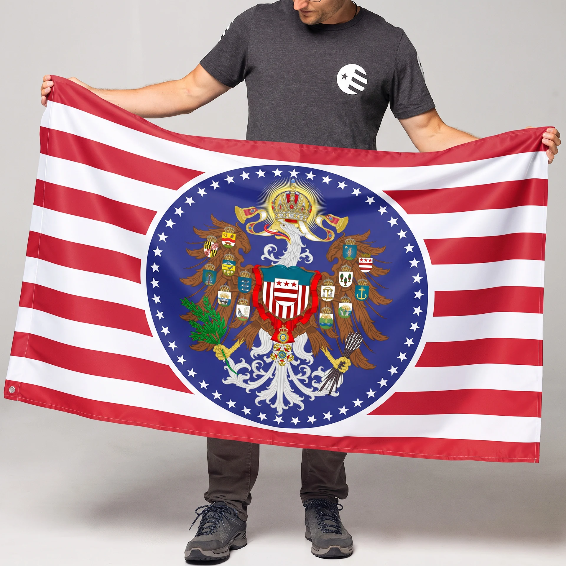 American Kingdoms example: Vincent De Nil holding the American Kingdoms Union flag, with its crowned bald eagle and red-and-white stripes