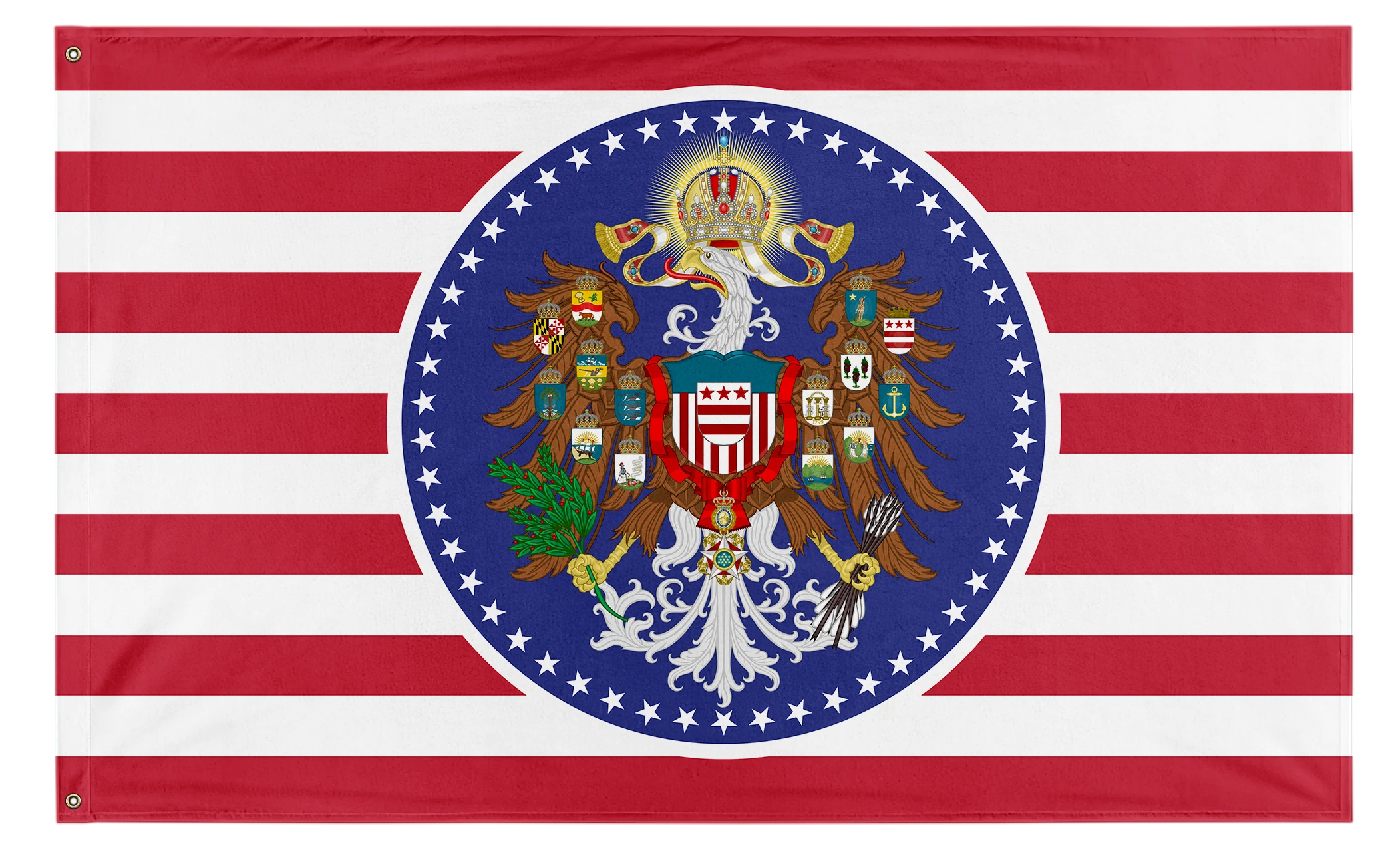 American Kingdoms example: Full American Monarchist flag design, with the arms of the Thirteen Colonies arranged around a crowned bald eagle