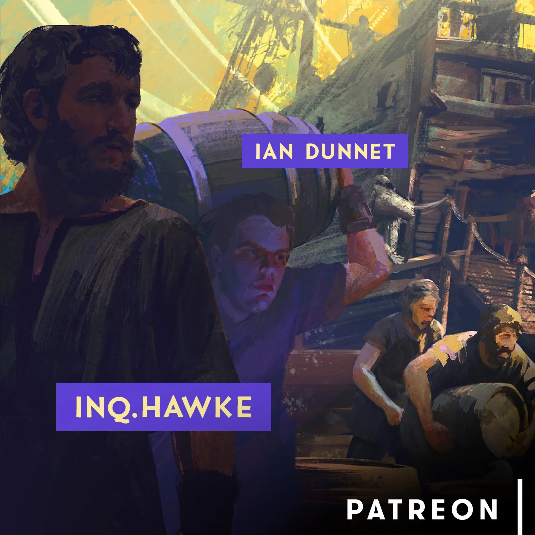 American Kingdoms example: Ian Dunnet and Inq. Hawke appear as Patreon cameos among sailors unloading a ship in the Argonauts artwork