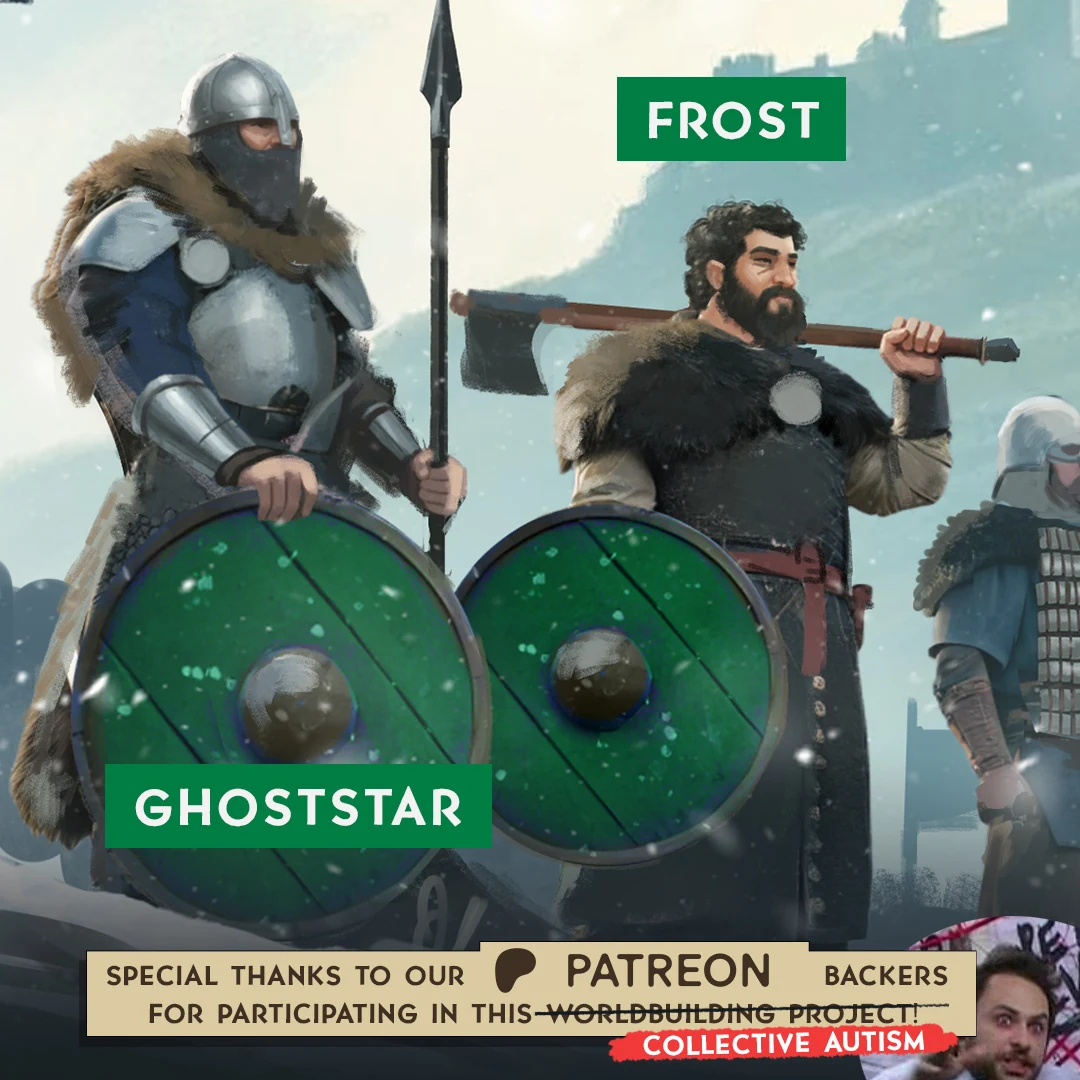 American Kingdoms example: Patreon backer characters Ghoststar and Frost as Vinland warriors with green shields