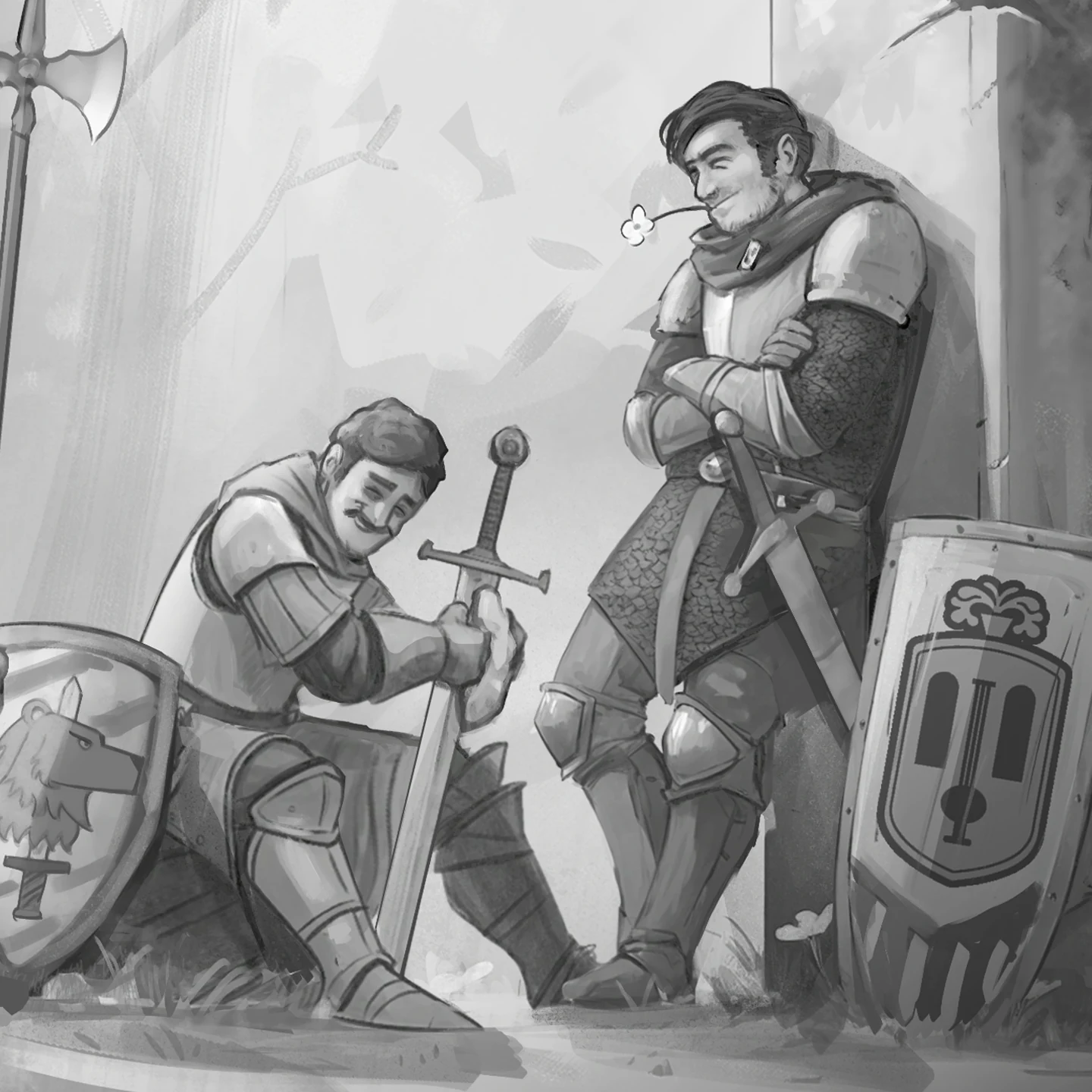 American Kingdoms example: Patreon backer character artwork showing two armoured knights with heraldic shields