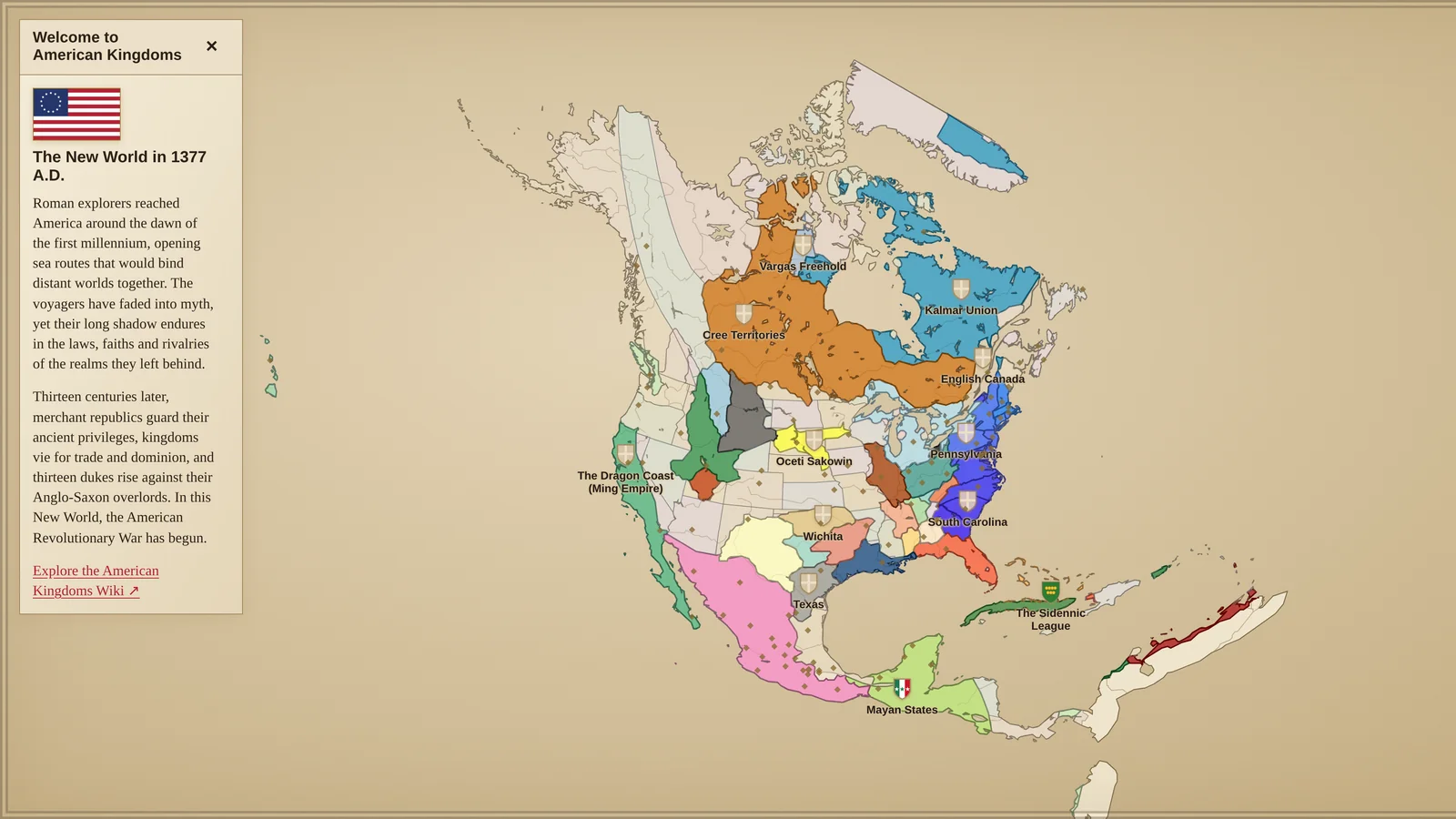 American Kingdoms example: Interactive alt-history map of the New World in 1377 A.D., focused on the thirteen East Coast colonies coloured by realm