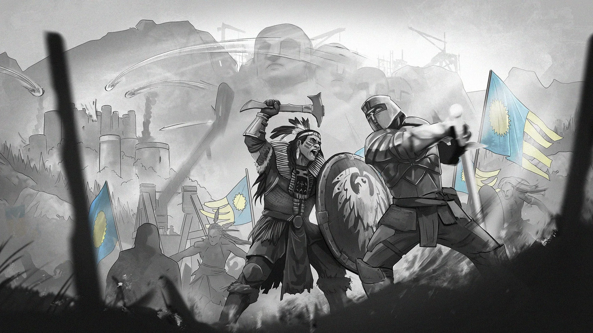American Kingdoms example: Crusader and Native knights clash during the Siege of Mount Rushmore