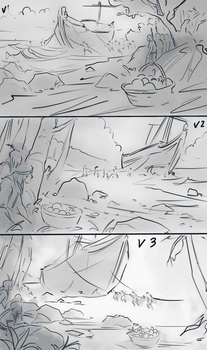 American Kingdoms example: Three grayscale storyboard studies of a ship arriving on an American shore