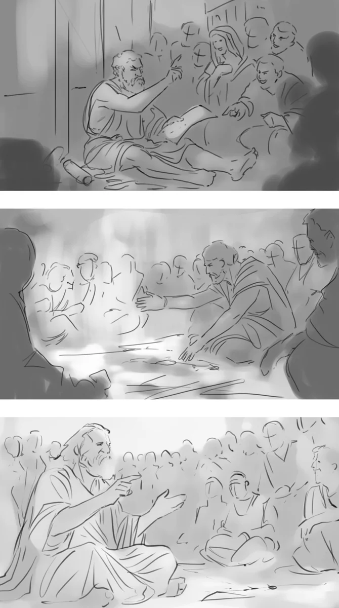 American Kingdoms example: Three grayscale storyboard studies of a storyteller recruiting a crew