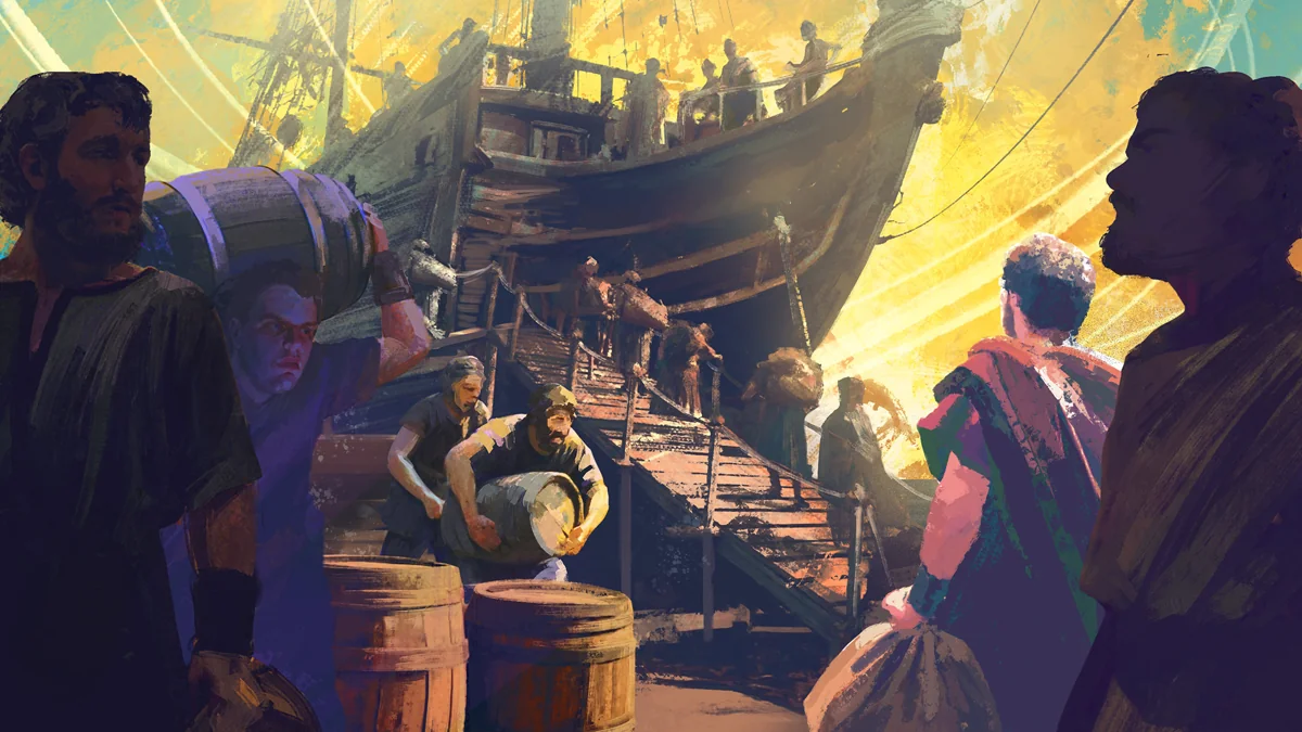 American Kingdoms example: Crew members carry barrels and supplies aboard a ship in golden sunlight