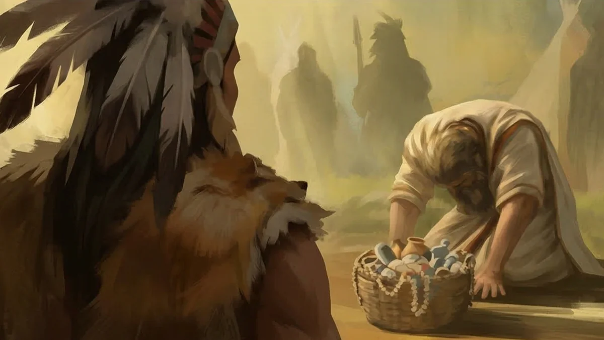 American Kingdoms example: A traveller kneels beside a basket of gifts before a feather-cloaked figure