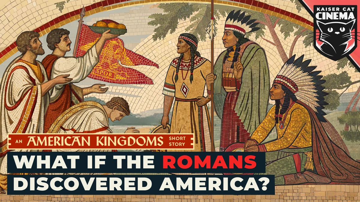 American Kingdoms example: Mosaic-style American Kingdoms short story artwork of Romans meeting Native Americans, titled What if the Romans discovered America?