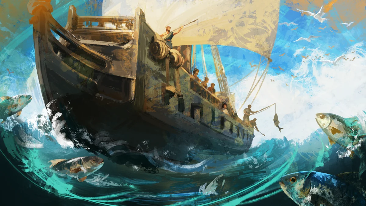 American Kingdoms example: Mariners fish from a sailing ship as fish leap through turquoise waves
