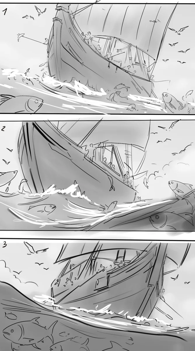 American Kingdoms example: Three grayscale storyboard studies of mariners fishing from a sailing ship