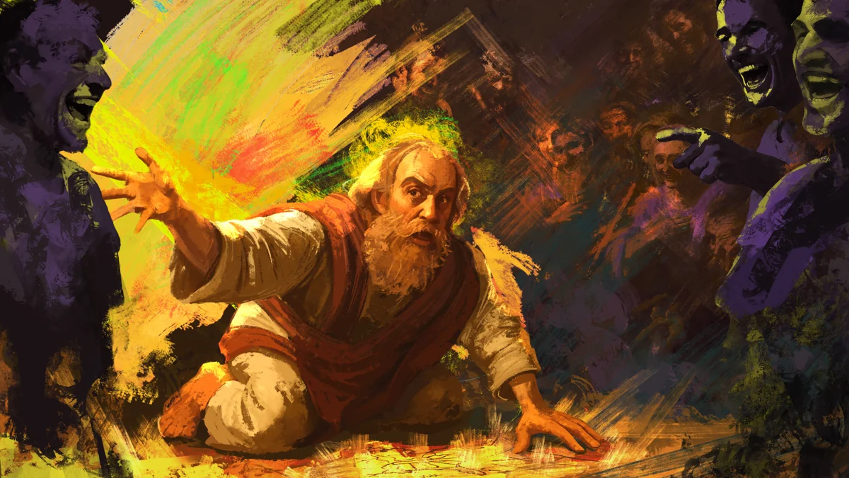 American Kingdoms example: A bearded storyteller presents a map to a crowd while searching for a crew