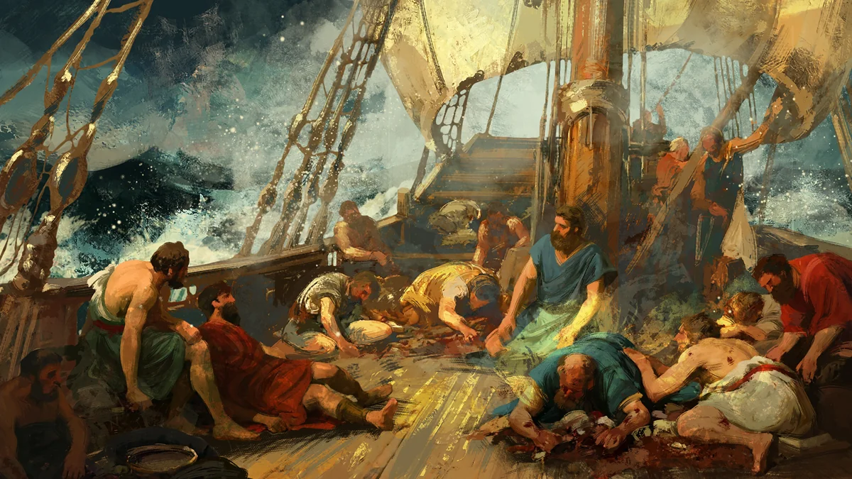 American Kingdoms example: Exhausted and starving mariners lie on the deck during their ocean crossing