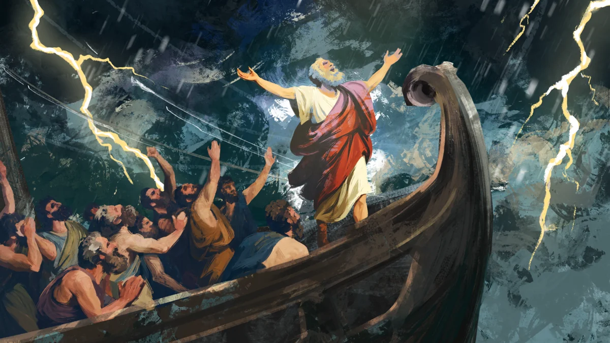 American Kingdoms example: A mariner raises his arms aboard a ship surrounded by lightning and storm waves