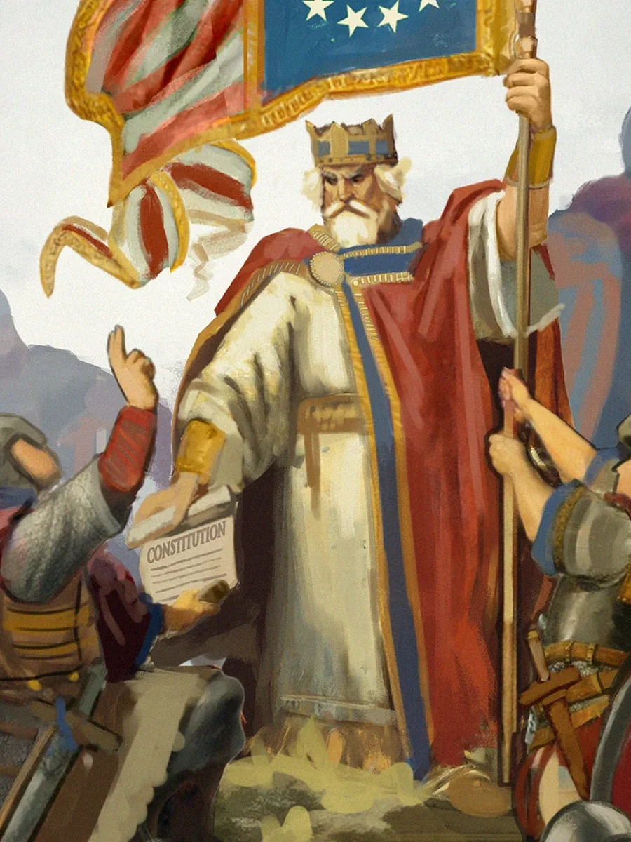American Kingdoms example: King Washington holds the Union banner as a knight presents the Constitution