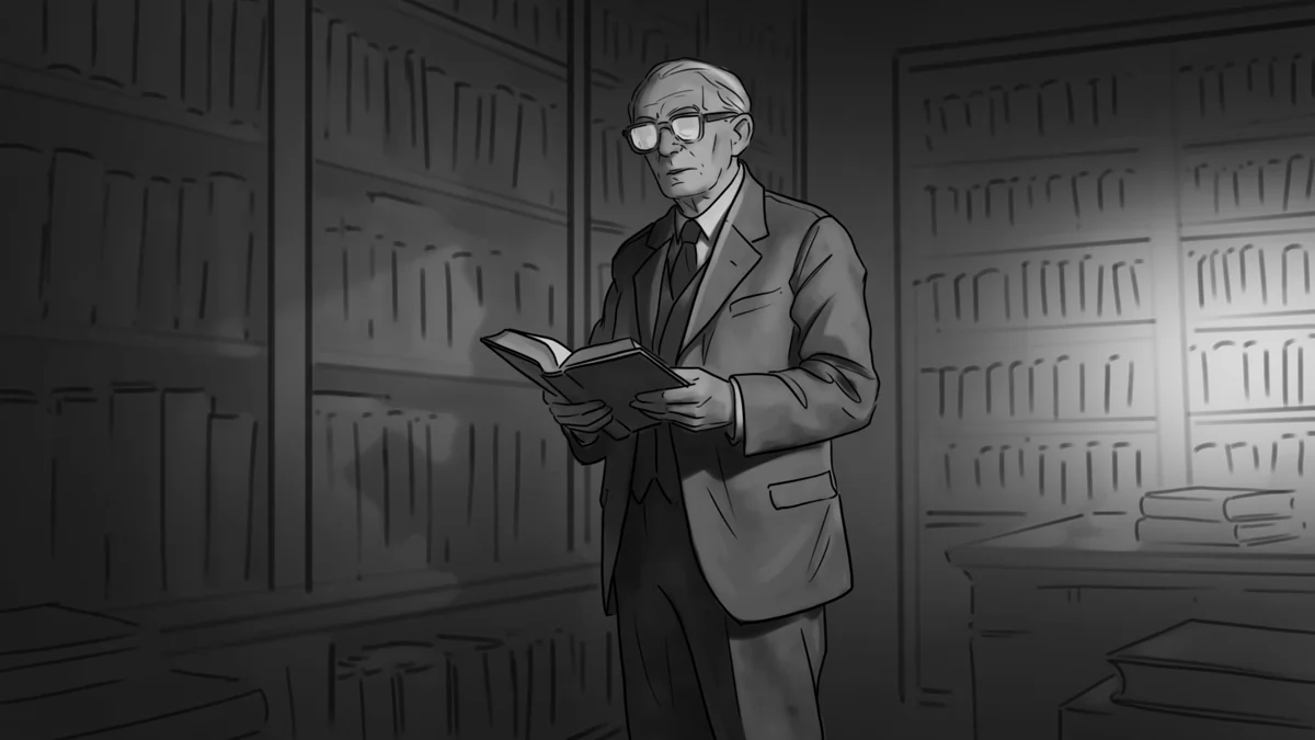 American Kingdoms example: Grayscale concept study of a bespectacled man reading in a library