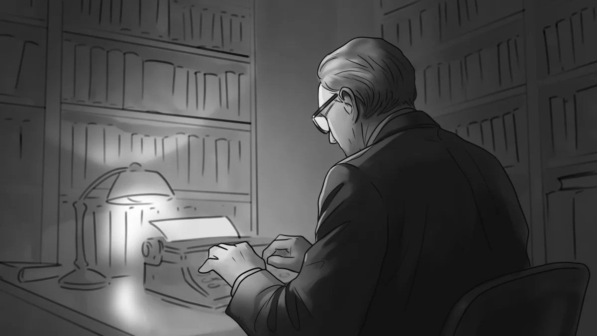 American Kingdoms example: Grayscale concept study of a writer working at a typewriter in a library