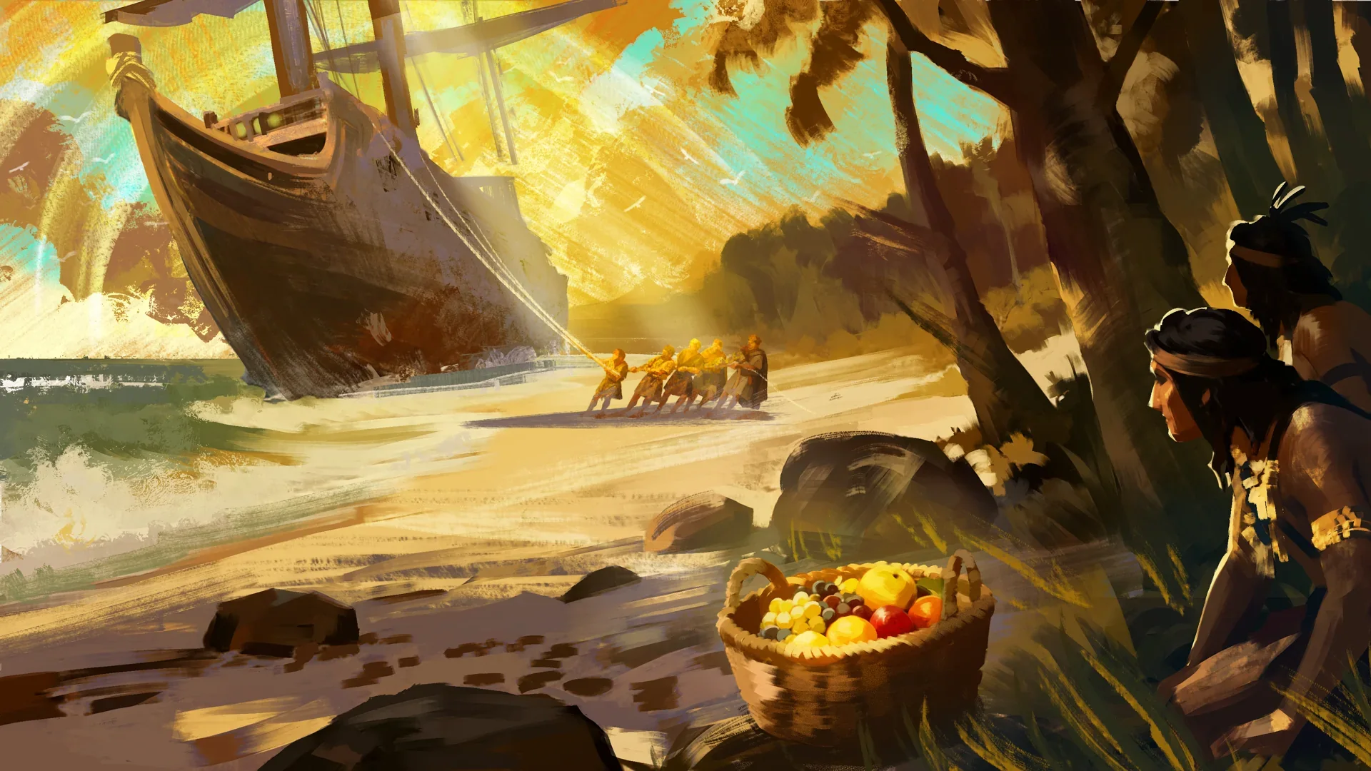 American Kingdoms example: Roman mariners land on an American shore as Native scouts observe