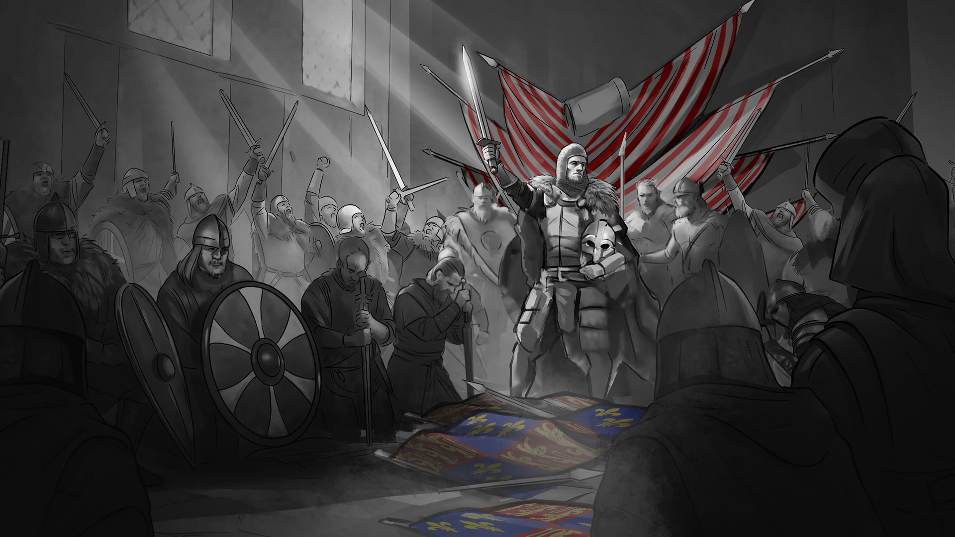 American Kingdoms example: A Union ruler presides over a medieval court beneath red-and-white banners