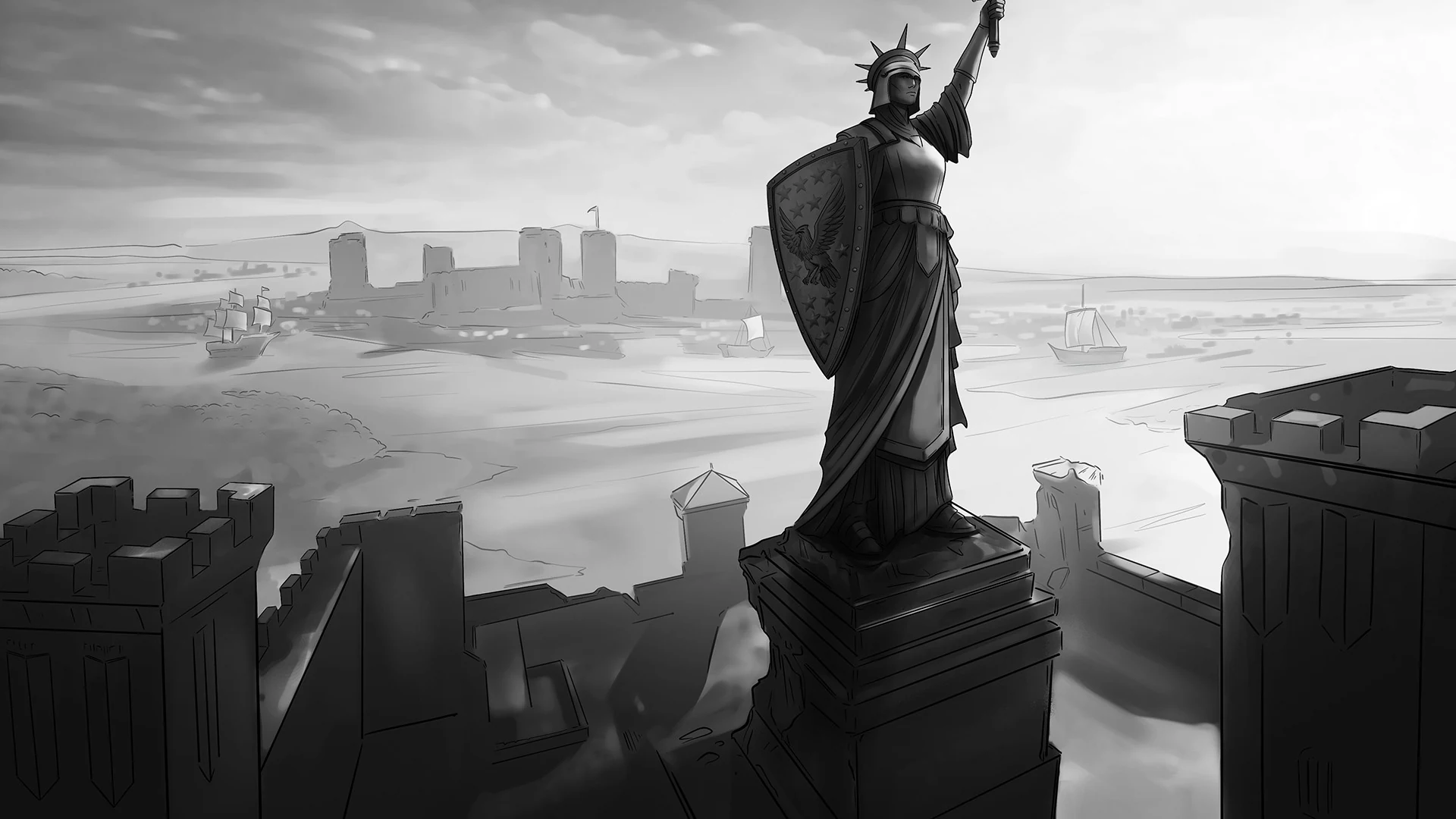 American Kingdoms example: A crowned statue bearing a shield overlooks a fortified American harbor