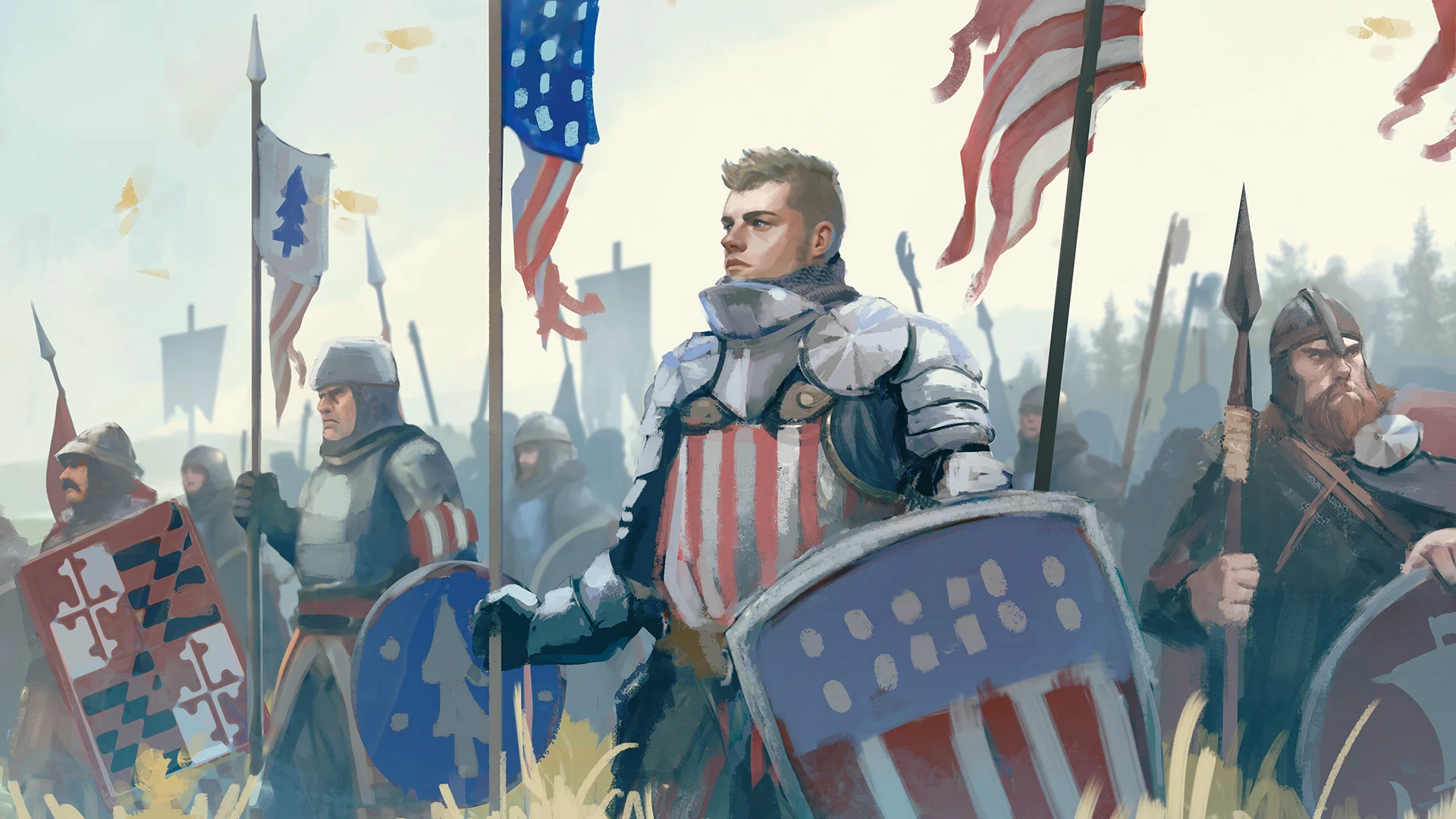 American Kingdoms example: Armoured Union knights assemble with heraldic shields and American banners