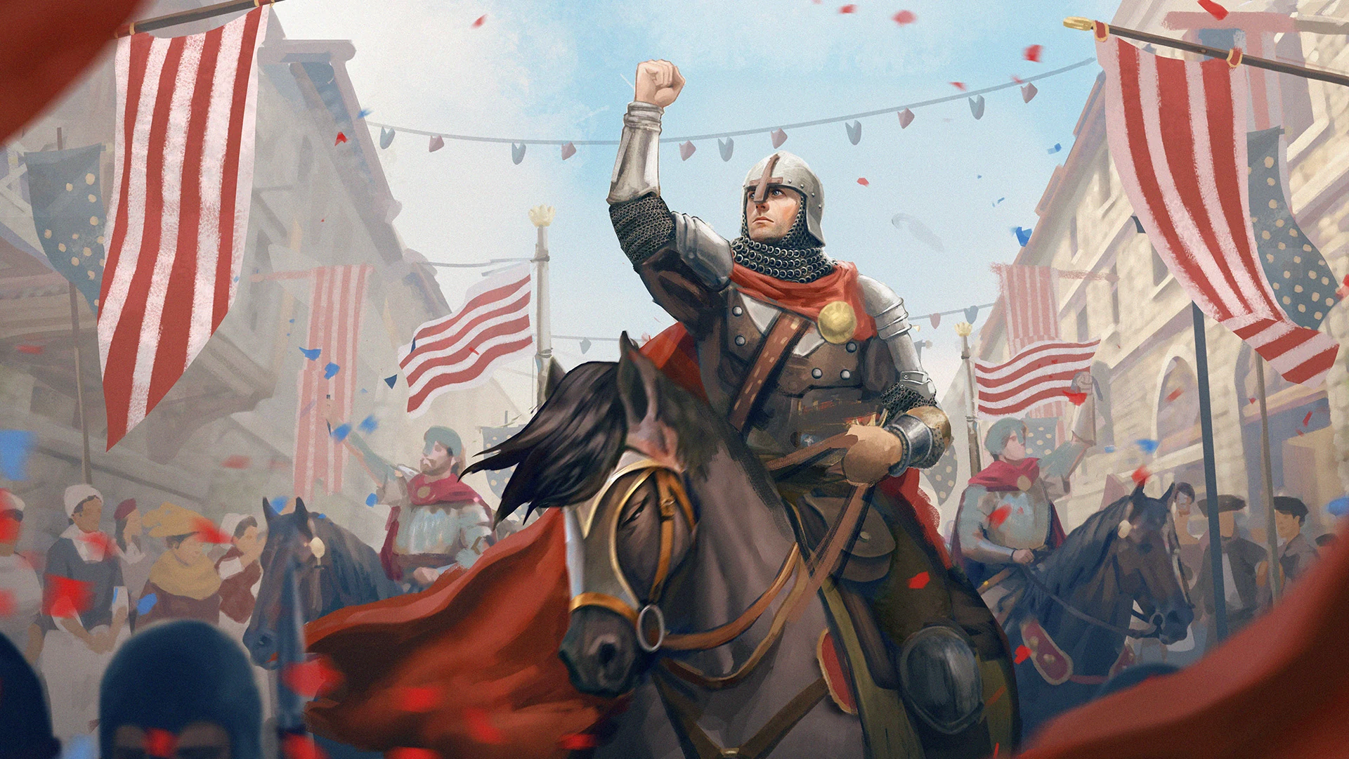 American Kingdoms example: Triumph of the Union Knights: a mounted knight raises his fist during a procession through streets hung with American banners