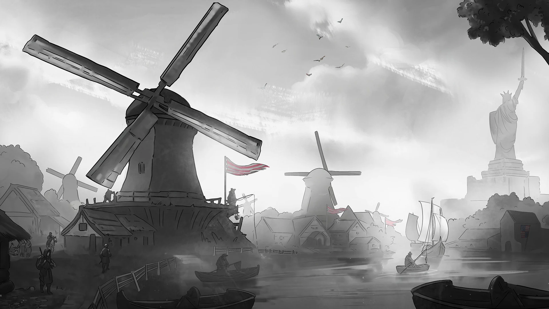 American Kingdoms example: Windmills and sailing boats line a medieval American waterway