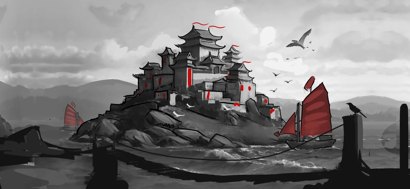 American Kingdoms example: A fortified Dragon Coast city rises above a busy harbour