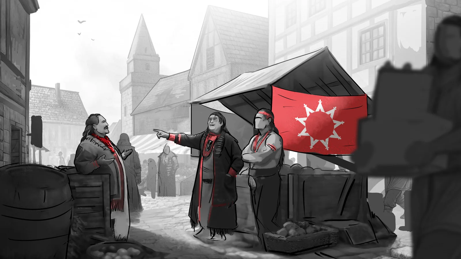 American Kingdoms example: Merchants gather beneath the banner of a Free City market