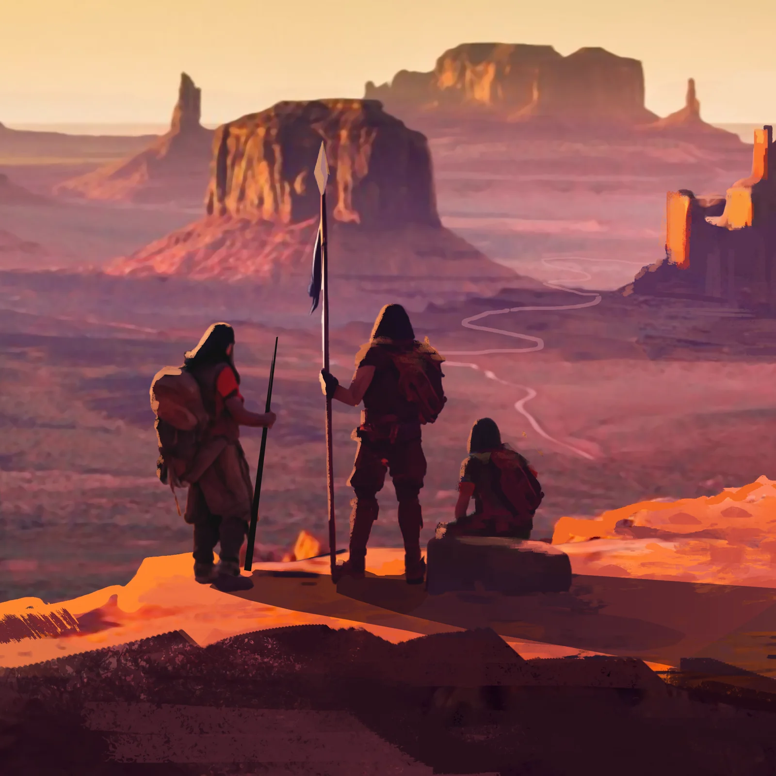 American Kingdoms example: Native travelers overlook a desert landscape of mesas and canyons