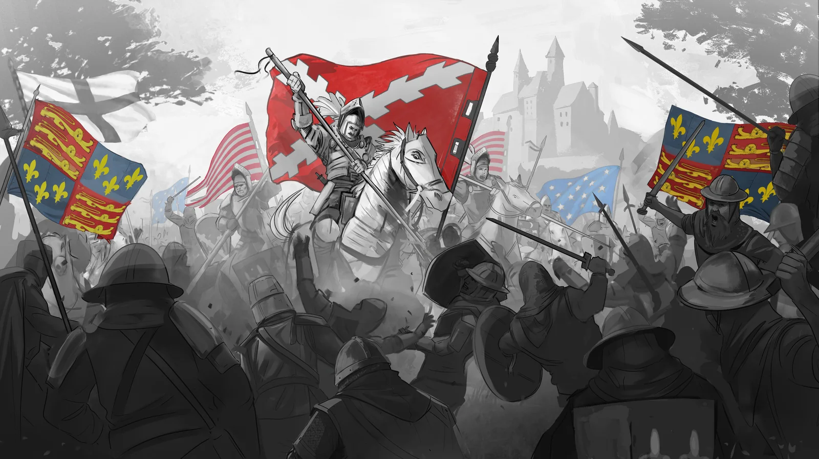 American Kingdoms example: A Southern Kingdoms knight leads a cavalry charge beneath heraldic banners