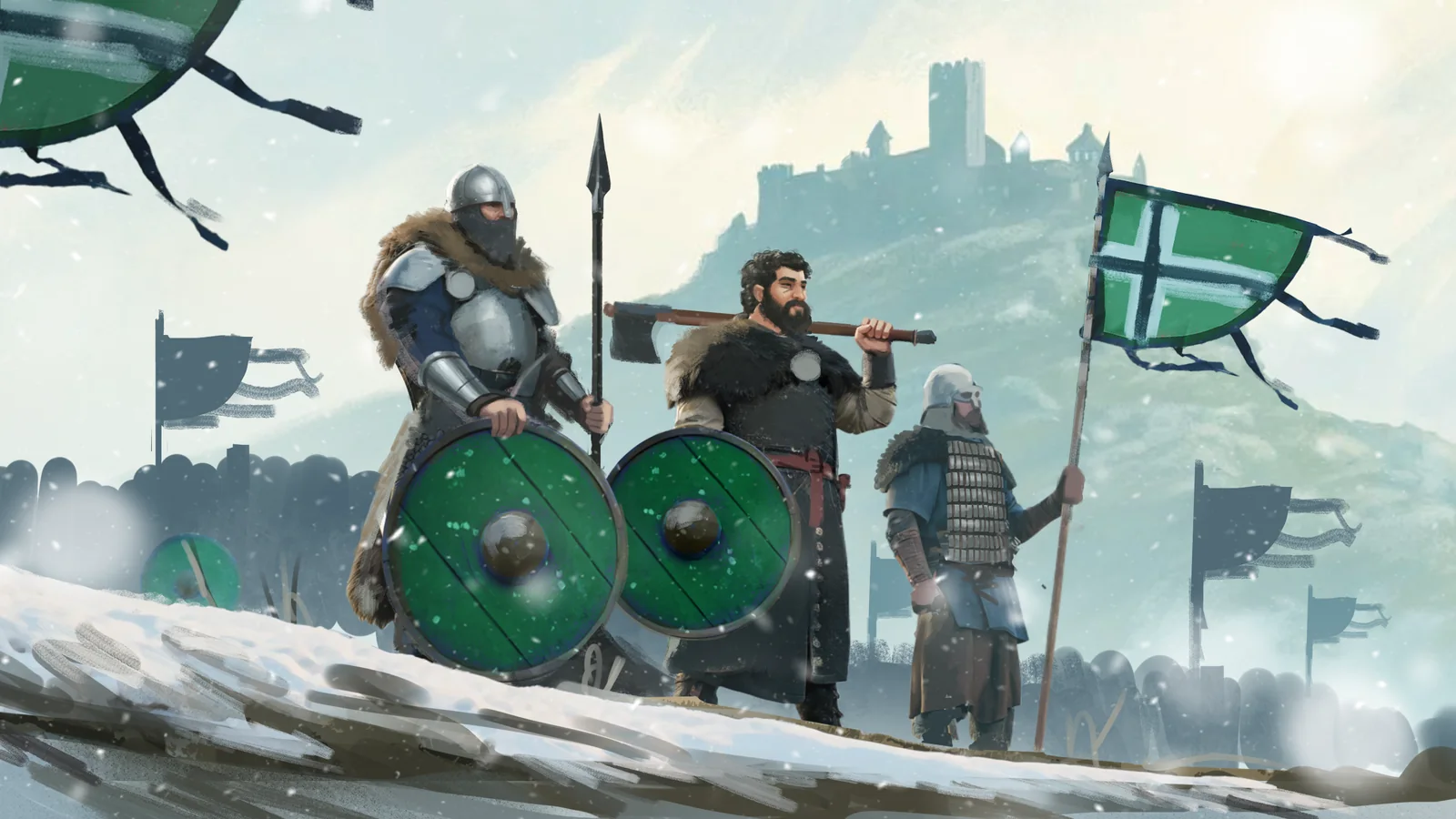 American Kingdoms example: Vinlandian warriors assemble before a northern hill fortress