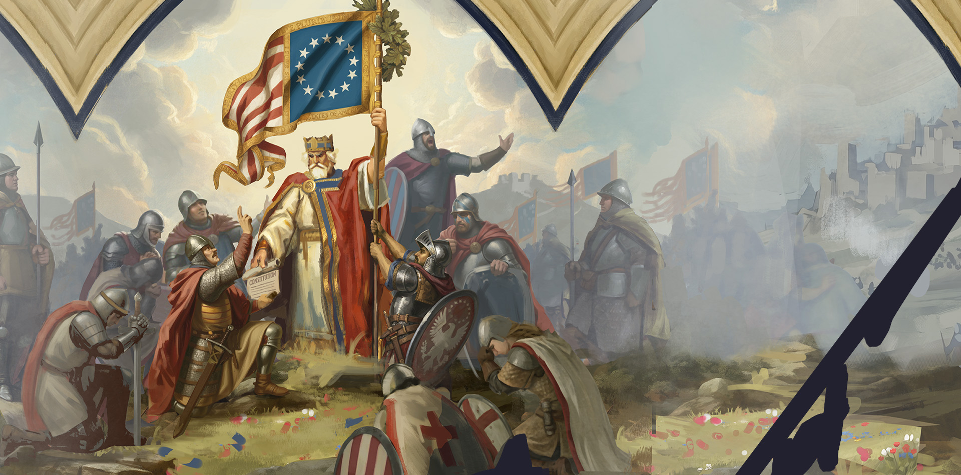 American Kingdoms example: King Arthur Washington enthroned before the assembled knights of the Union