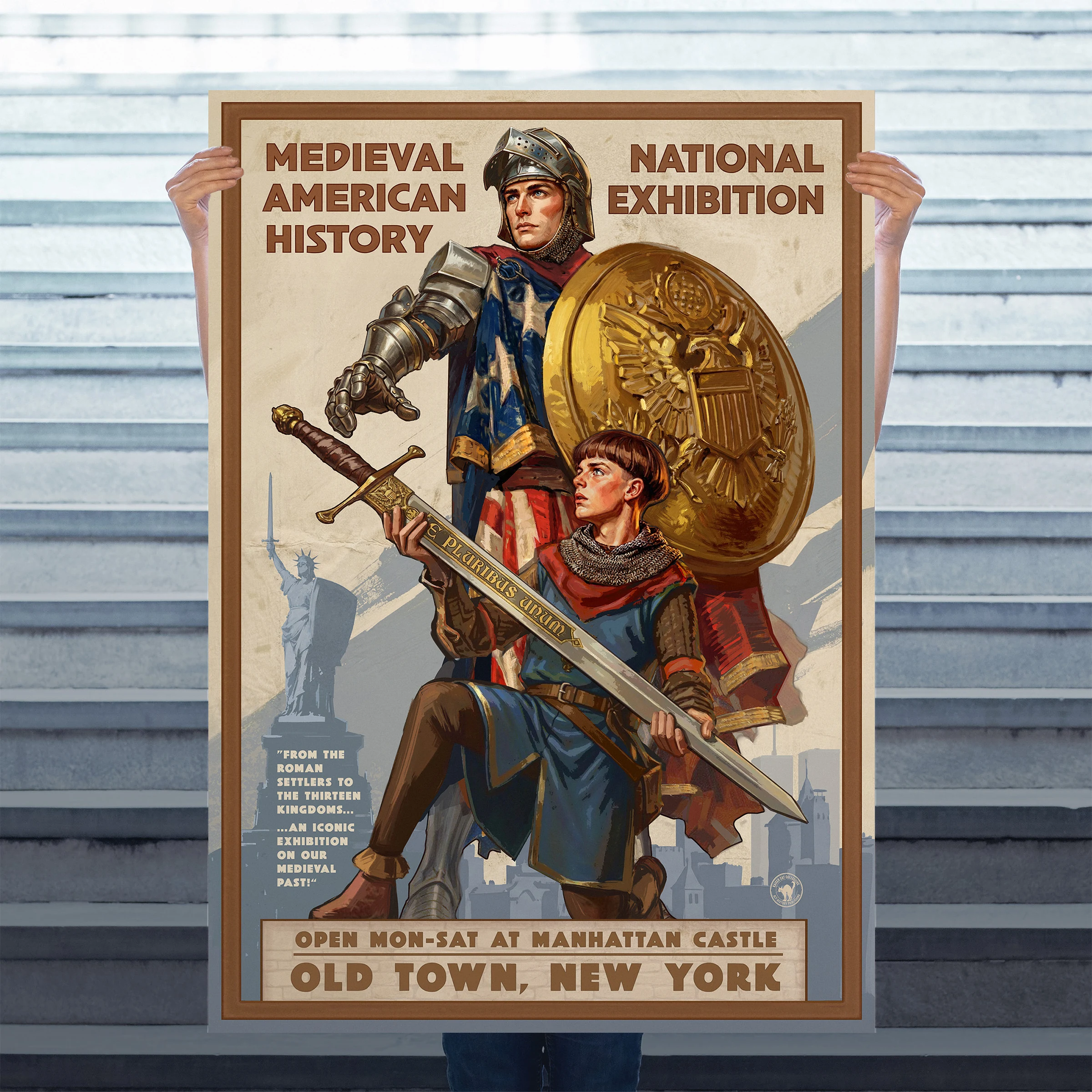 American Kingdoms example: The American Kingdoms Manhattan Castle exhibition print held in front of a stone wall